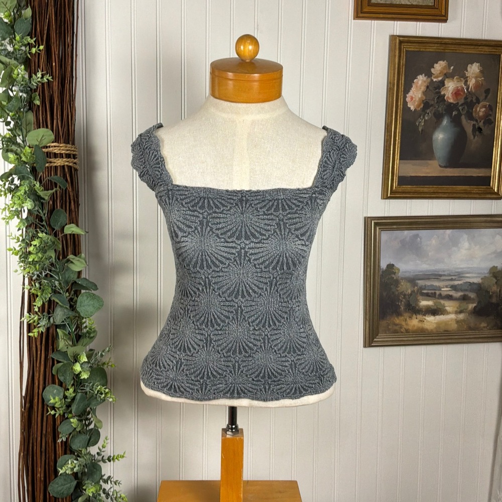 Free People Top Womens XS Gray Excellent Jacquard Square Neck Cap Sleeve